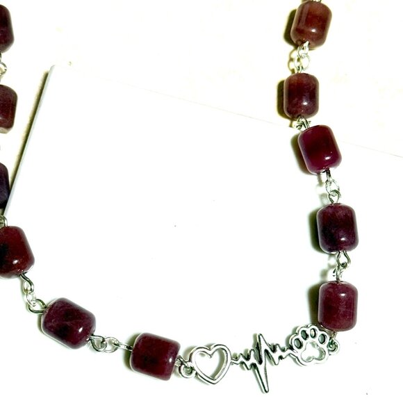 Genuine Magenta Chalcedony Short Necklace, Gemstone & Paw Print Heart Beat Charm - Picture 5 of 14